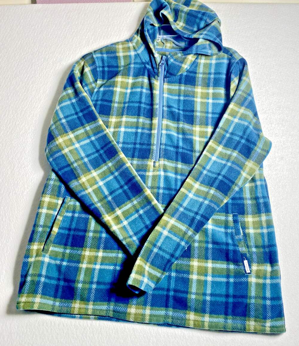 O'Neill Men's Large Blue Green plaid Fleece Hooded Quarter Zip Pullover